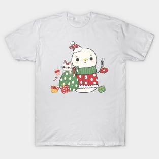 cute Christmas doodle snowman and cat cartoon T-Shirt